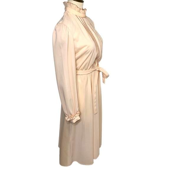 VINTAGE 70s Pink Prairie Dress Cottage Secretary Ruffle Neck Long Sleeves S/M - Picture 3 of 13